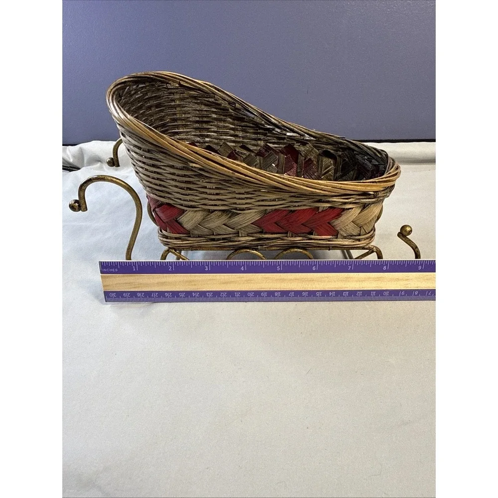 Vintage Christmas Wicker Sleigh Basket with Gold-Tone Metal Runners